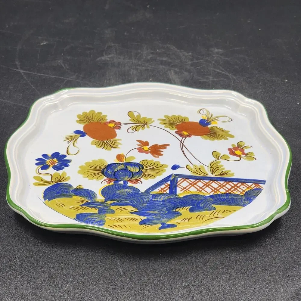 Faenza Italy Garofano Carnation Ceramic Dish Green Trim Garden Scene 8